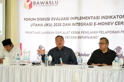 Forum Diskusi Evaluasi Implementasi Indikator Kinerja Utama (IKU) 2026 dan Integrasi E-Monev CERMAT bertema “Pemetaan Langkah dan Alat Kerja Penilaian Pelaporan Pemenuhan IKU Secara Berjenjang” yang diselenggarakan Bawaslu RI dan diikuti Bawaslu Kabupaten Minahasa di Pondok Hijau, Manado, Senin (19/10/2026).