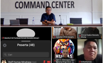 Dokumentasi pelaksanaan Rakor Persiapan Pelaksanaan P2P, Evaluasi PDPB, dan Evaluasi Kehumasan yang diselenggarakan secara daring oleh Bawaslu Sulut, Kamis (17/7)